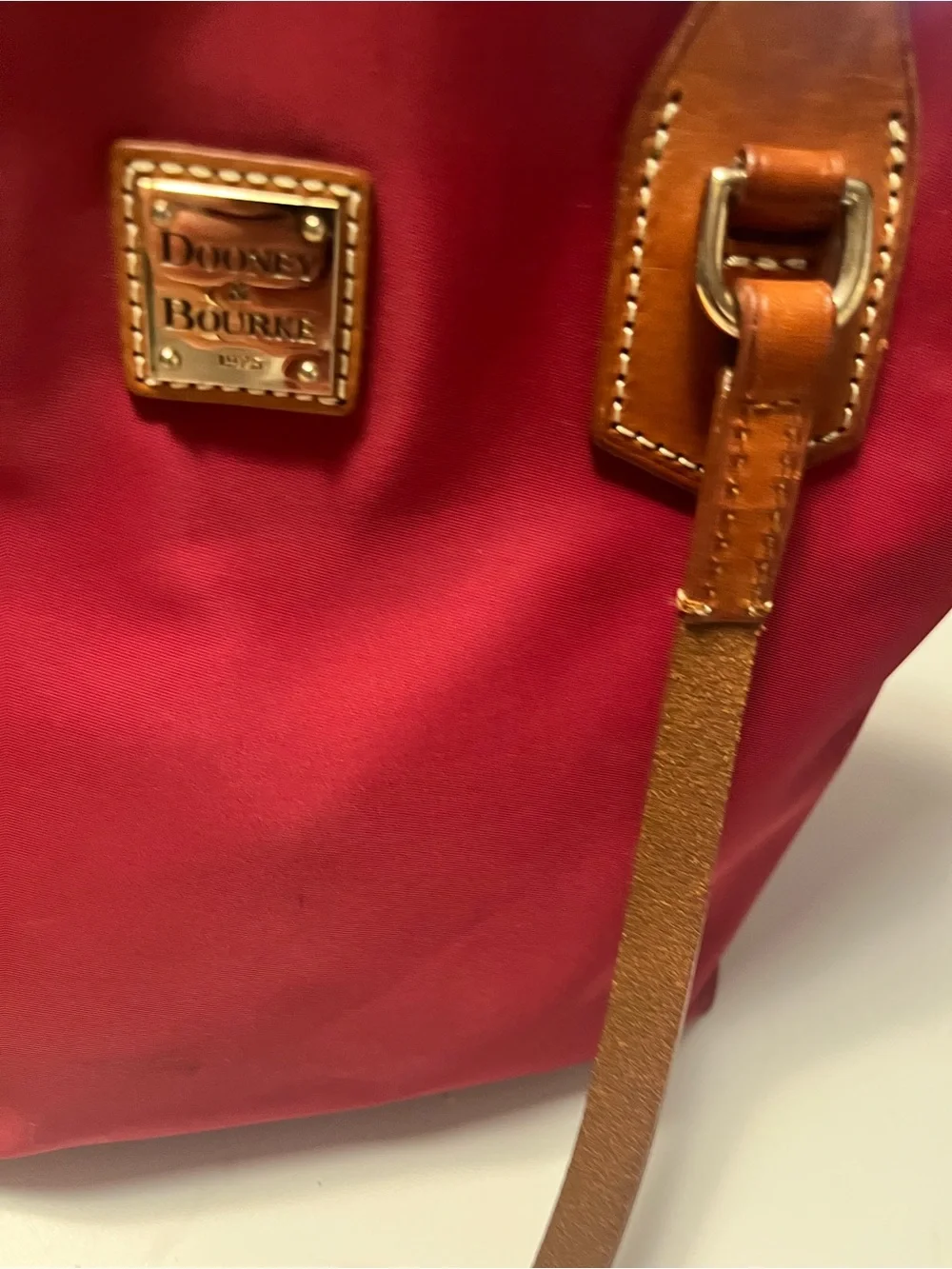 Dooney & Bourke Crimson Red Nylon Tote with Cognac Leather Trim